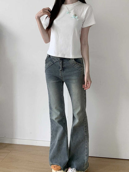 Blue Raw Hem Flared Jeans