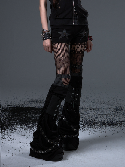 Lace-Up Black Leg Belts Warmers Punk with Studded Metal Knit