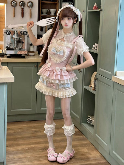 Sleeves Cami Cropped Puff Top + Set Lolita Pink and Sweet Blue Skirt - Full Accents Bow