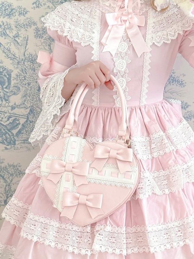 Bag Abstract PU Bow Leather with Heart - Hand Sweet Linear Accents Cross Pink Lolita Design
