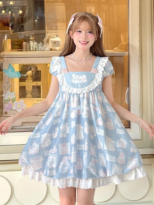 Adorable Lamb Print Sweet Lolita Dress Blue Square Neck Puff Sleeve