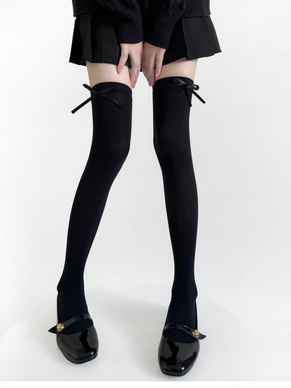 Black Stockings / Semi-sheer Accents Bow Gray JK White