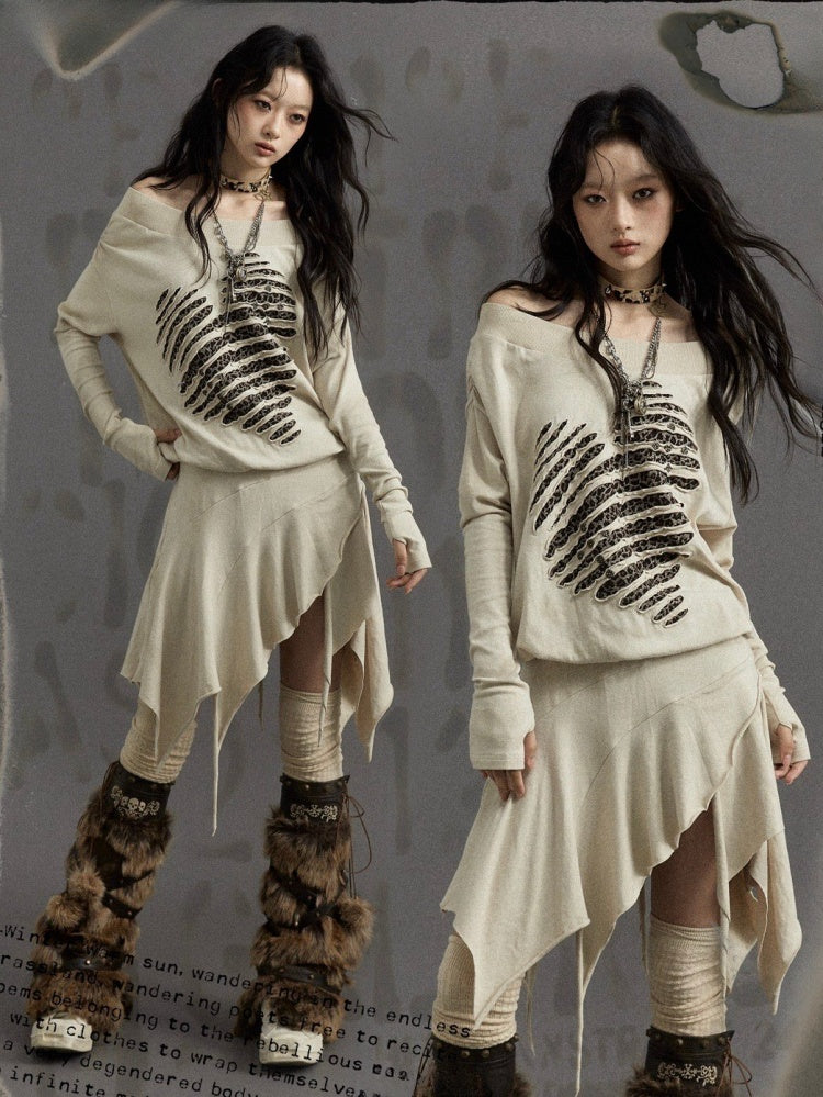 Wasteland Punk Beige Leopard Heart Asymmetrical Long Sleeves Dress