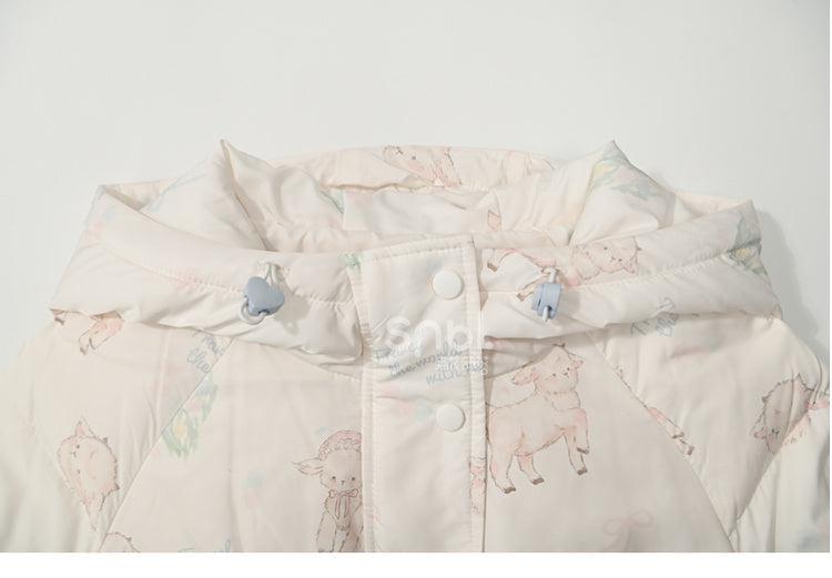 Cute Lamb Print White Hooded Down Jacket Short/Long Version
