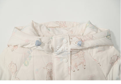 Cute Lamb Print White Hooded Down Jacket Short/Long Version