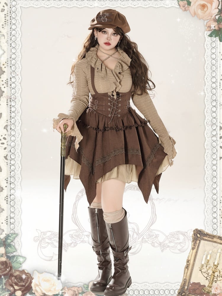 Plus Size Brown Lace-up High Waist Overall Skirt