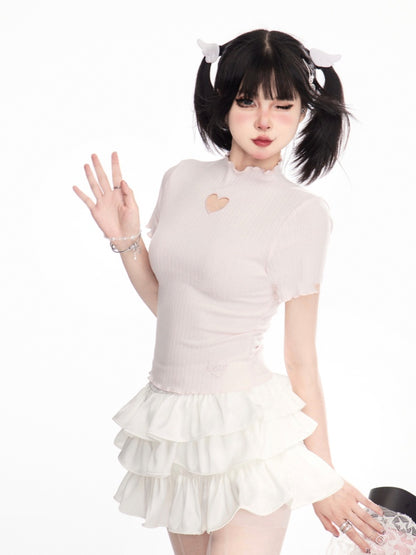 Heart-shaped Cutout Lettuce Hem T-Shirt Neck Pink Mock