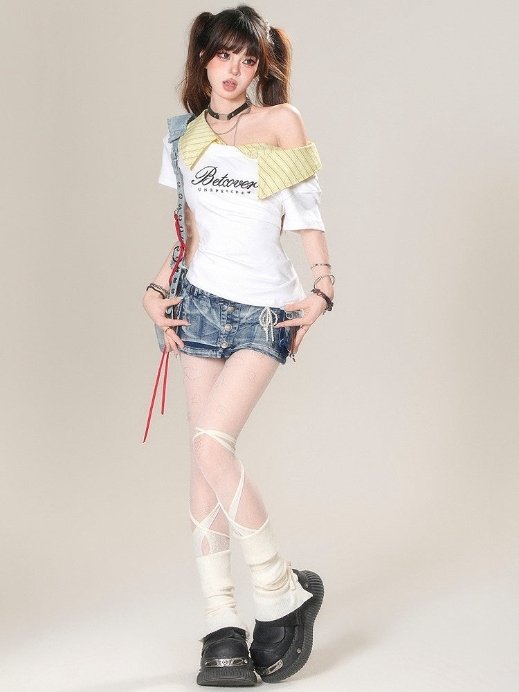 Striped Pattern White Asymmetrical Neckline Glamorous T-shirt Print Letter