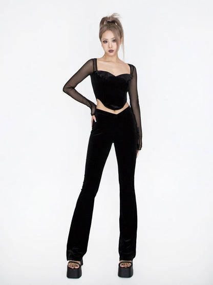 Black Velvet Pointed Waistband Waist Glamorous Flared Pants
