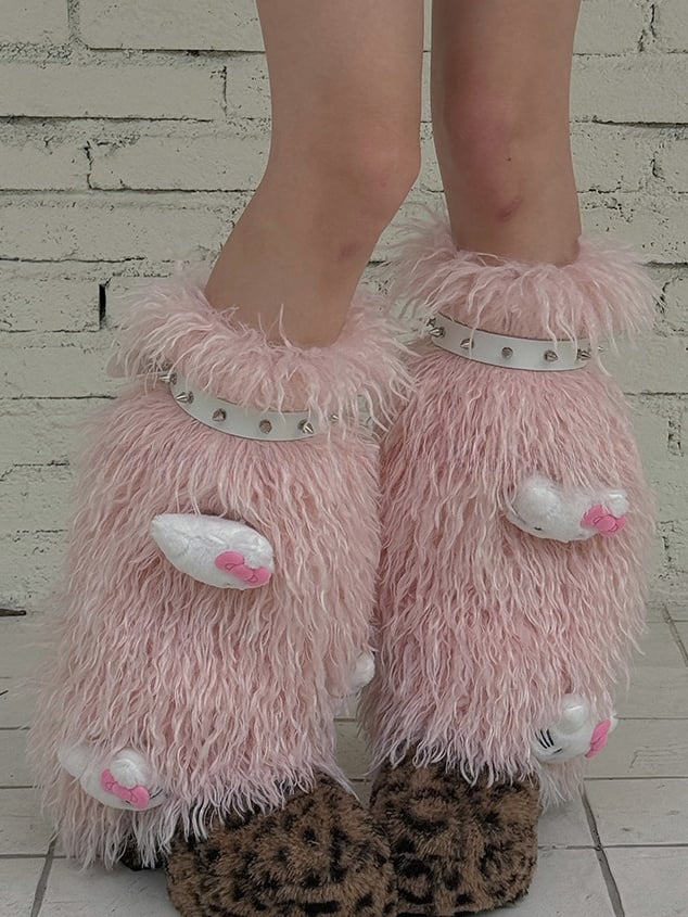 White/Pink/Coffee Stud Shaggy Leg Warmers With Kitty Plushie
