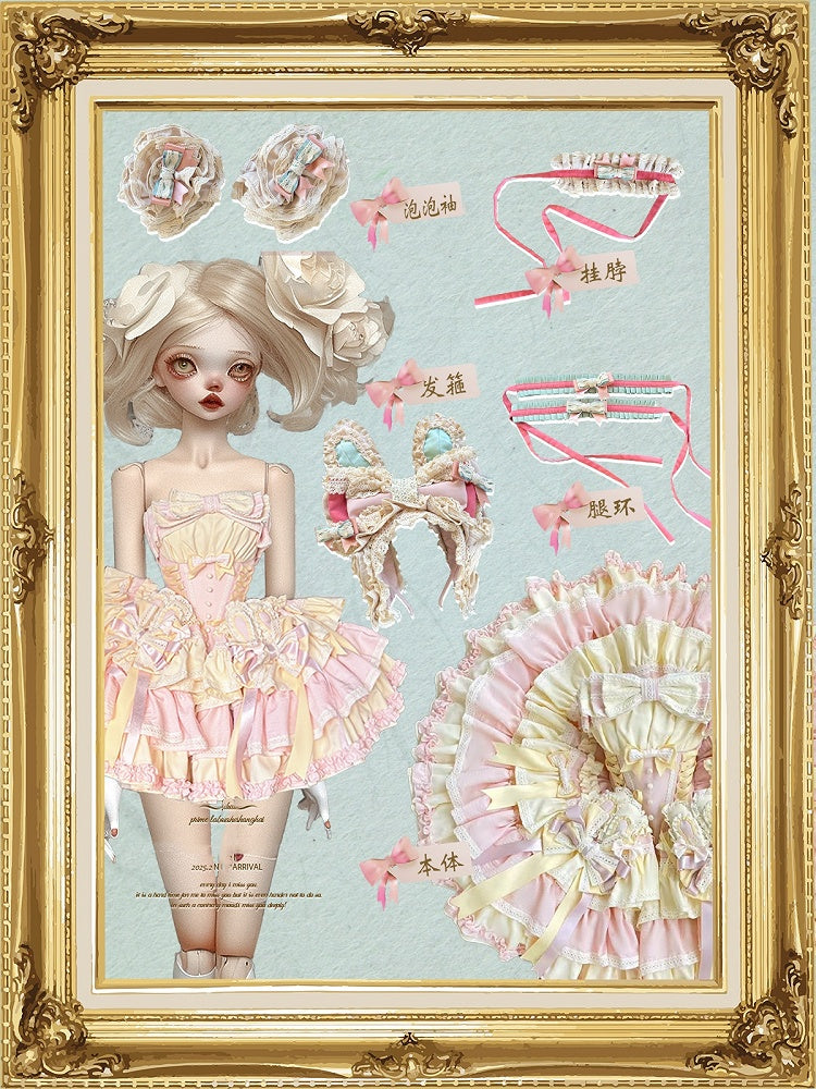 and Boned Ear Bowknot Waist Basque with Pink Skirt Dress Bunny Puffy on Sweet Yellow Design
