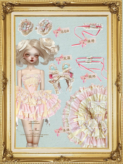 and Boned Ear Bowknot Waist Basque with Pink Skirt Dress Bunny Puffy on Sweet Yellow Design
