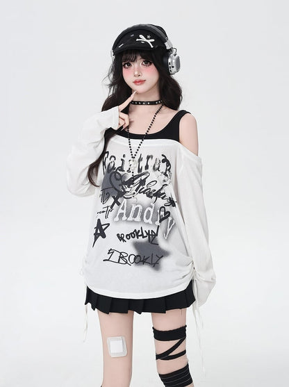 Star Y2K Print Open Shoulder Black/White Top Faux Two-pieces