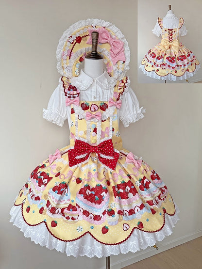 Overall Print and Strawberry Dress Yellow Dessert Lolita Sweet