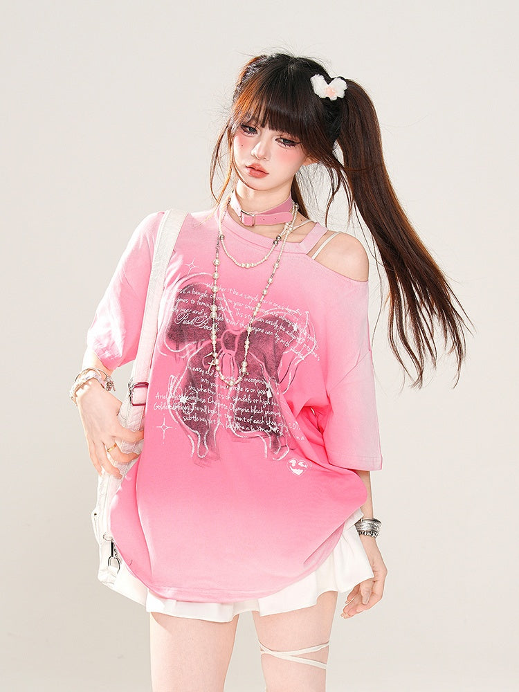 Butterfly Rose Pink/Pink/Gray Loose Shoulder T-Shirt Print Ombre Cutout