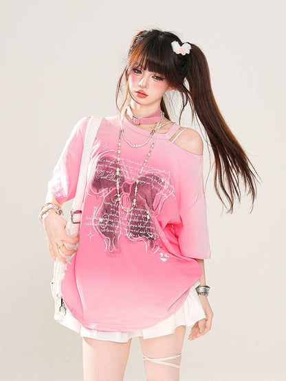 Butterfly Rose Pink/Pink/Gray Loose Shoulder T-Shirt Print Ombre Cutout