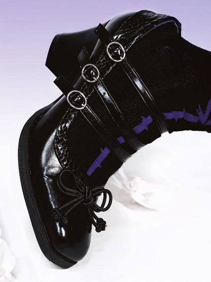 Square Accent Toe Gothic - 6.5cm Heels Bow PU Black Lolita Block Knotted