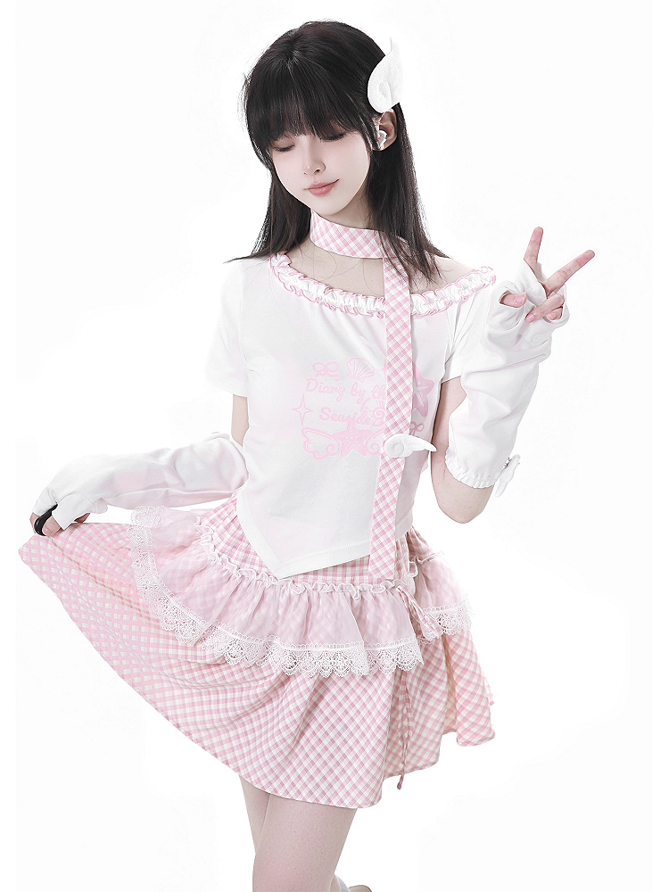 Lace Plaid Trim Skirt Pink/Baby Blue