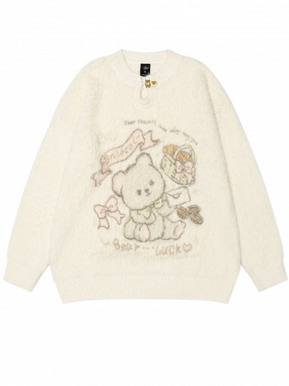 Apricot Cute Bear Pattern Mohair Loose Sweater Cutout Details at Front