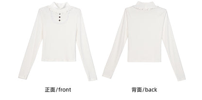 White High Neck Lace Trim Long Sleeves Top