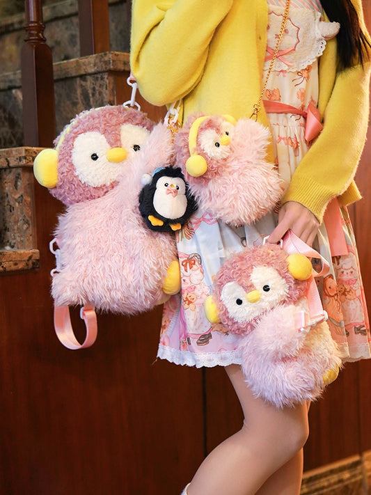 Keychain Plush Bag + Penguin Cute Middle/Large Pink Backpack/Crossbody Size