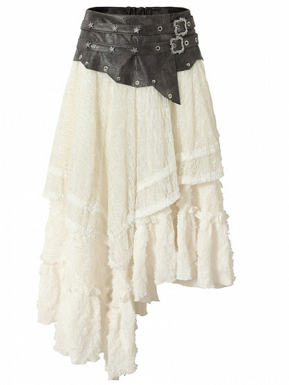 Star Wasteland White Punk Waistline Skirt Flounce PU Asymmetrical Studs Hem