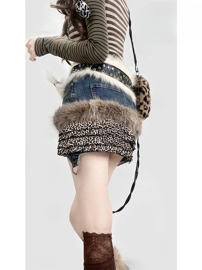 Leopard Hem Patchwork Denim High Waist Skirt