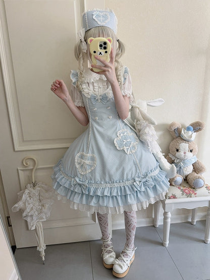 Layered Pattern Ruffle Nurse Hemline Blue Dress Polka-dot Lolita