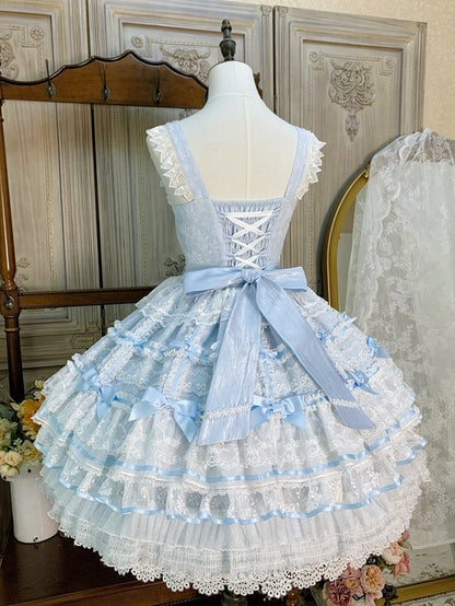 Blue Hanayome Bowknots Layered Skirt Sweet Hime Lolita Jumper Skirt Set