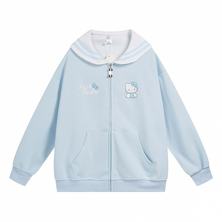 Pink/Light Blue/Grey/Black Kitty Print Sailor Collar Zip Closure Thick Sweatshirt