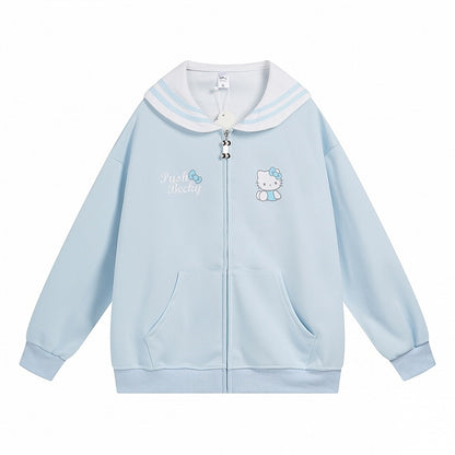 Pink/Light Blue/Grey/Black Kitty Print Sailor Collar Zip Closure Thick Sweatshirt