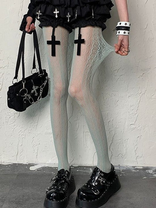 Tights Hollow-out Green Gyaru Y2K Design Mint Fashion