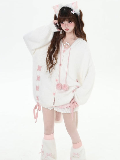 White Bunny Ears Design V-neck Hooded Loose Cardigan Lace-up Detail