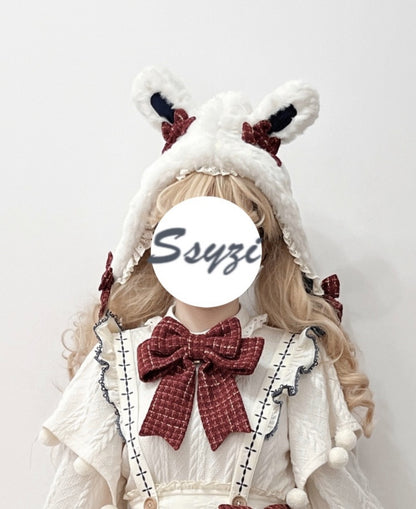 Red Bowknot KC White Bunny Ears Plush Hat