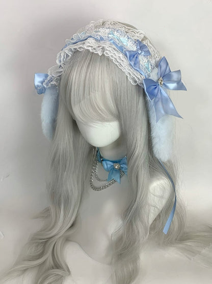 Serre-tête en dentelle à volants avec nœud en forme d'oreille de lapin et cœur en strass