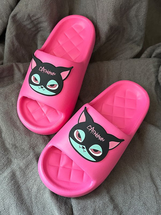 Slippers Summer Cat Gothic Black and With Applique Pink Green