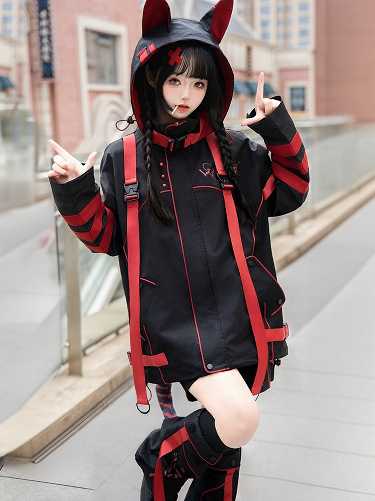 Black and Red Jirai Kei Techwear Buckle Straps Cat Ears Hooded Windbreaker Jacket