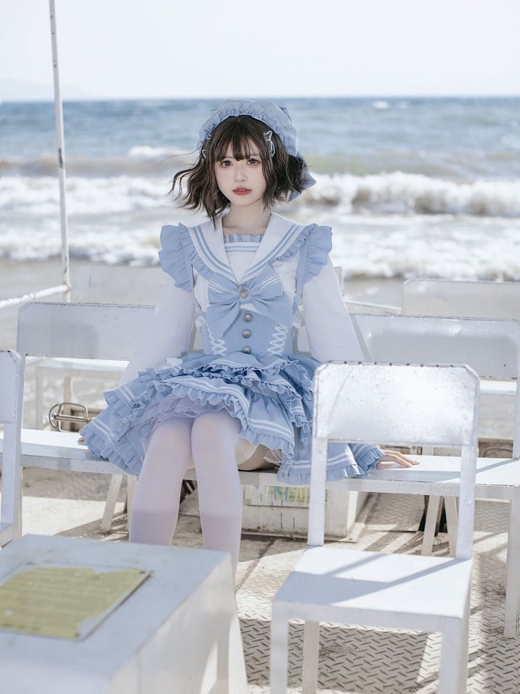 Overalls Light Flutter Sleeves Bow Accents Tiered Skirt Sweet Blue Lolita Dress