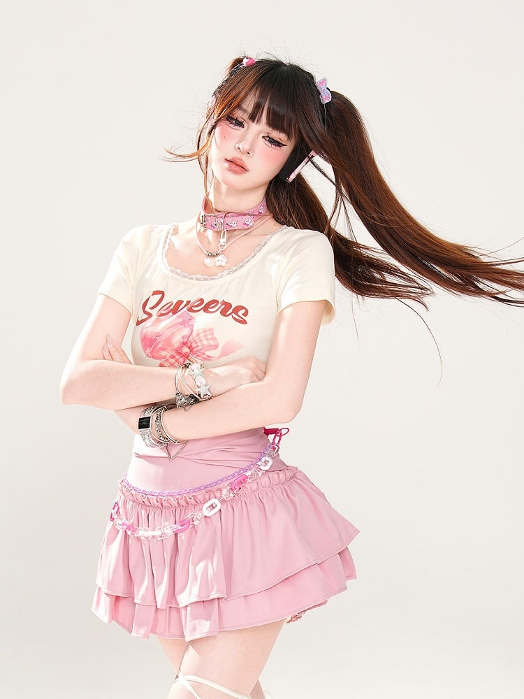 Trim Sweet Lollipop Print Lace T-Shirt Pink/Apricot Glamorous Cropped