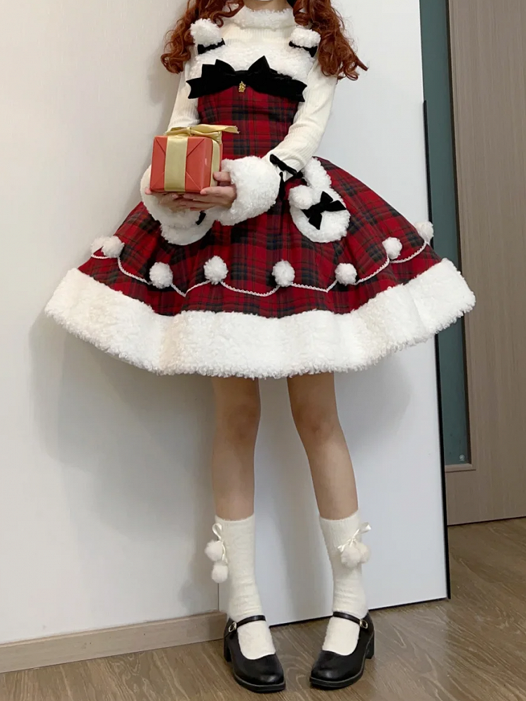 Red Plaid Pattern Winter Bunny Theme Christmas Lolita Dress Plush Neckline and Hemline