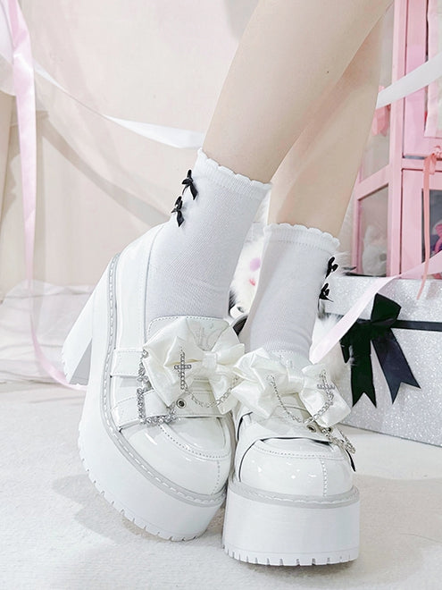 Cross Rhinestoned Kei White Chain Buckles Loafers Decorated Platform Bow Polished Jirai