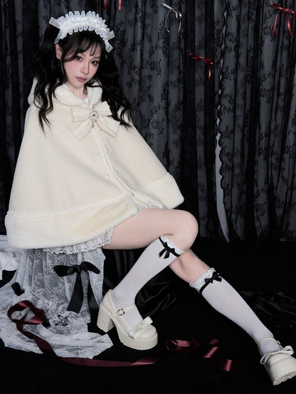 Detachable Jirai Kei Plush Trim Milk Hooded Cape with Big Bow White