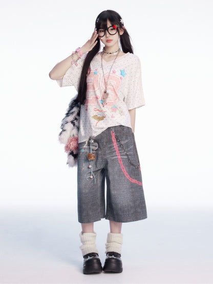 Weite Jeans mit Taillenketten-Print und verblasster Waschung in Grau