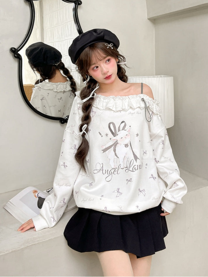 Ruffled Asymmetrical Lamb and Bow Print White Neckline Sweatshirt