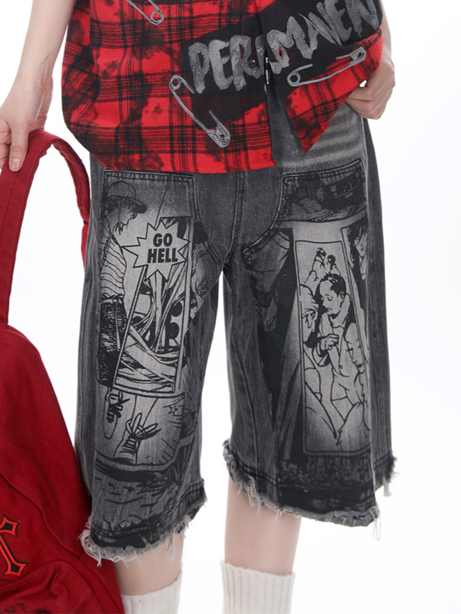 Dunkelgraue Jeansshorts mit offenem Saum und monochromem Comic-Print