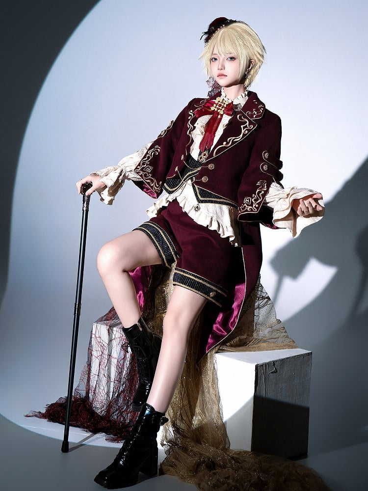 Tenue Lolita Gryffondor Ouji rouge : chemise à manches longues + manteau queue d'hirondelle rouge + short coupe droite