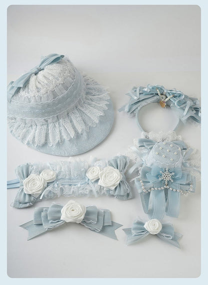 Blue Big Bow Lace Trim Snowflake Beaded Chain Mini Hat+Snowflake Pattern Lace Veil