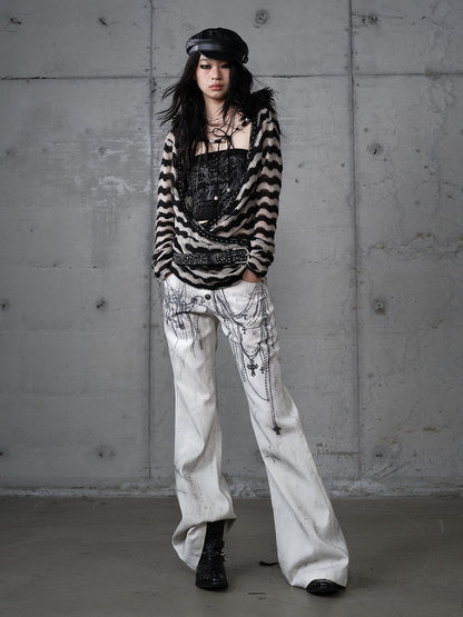 with Chain Studs Print Punk Cross Pants Button-Up Wide-Leg Fly White