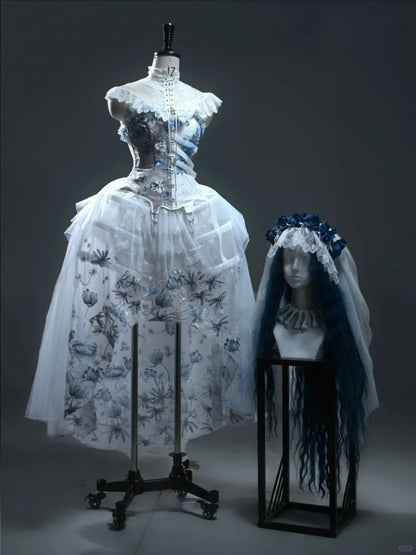 Half White Half Dusty Blue Corpse Bride Floral Corset Top