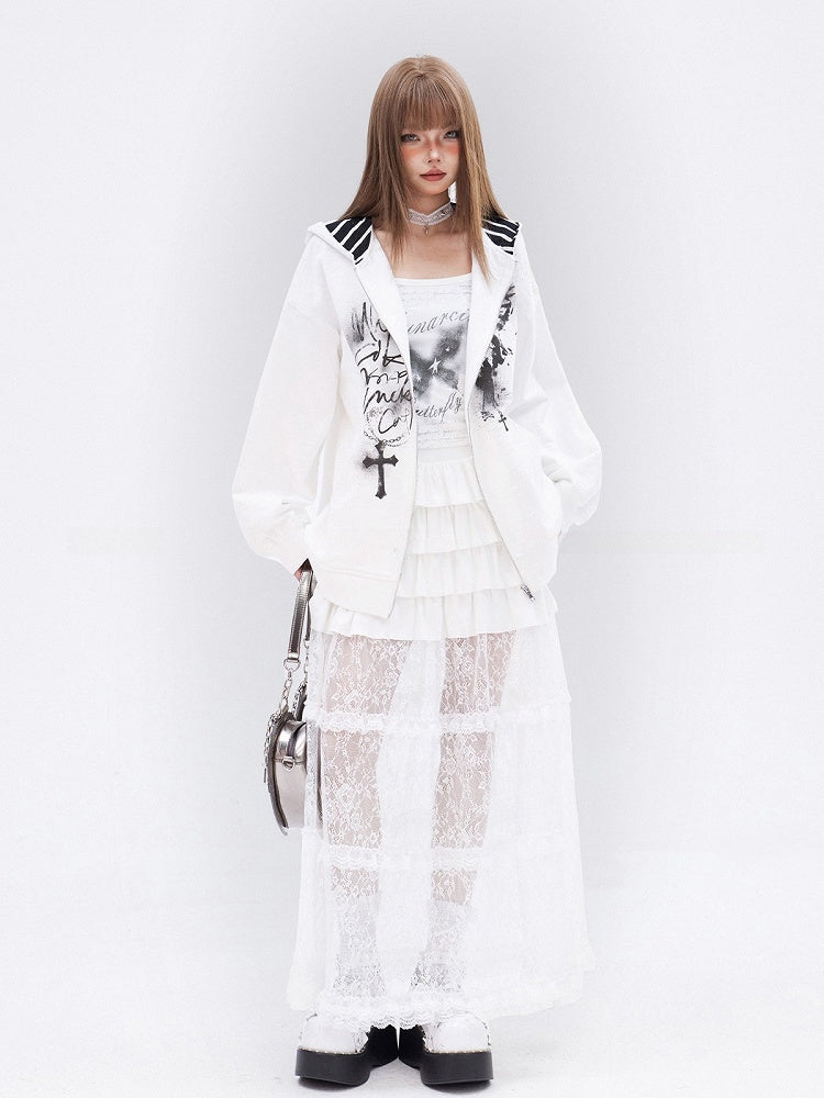 White Butterfly Cross Print Zip Closure Long Sleeves Hoodie